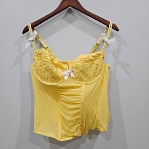 Womens Lace Mesh Corset Top Small Yellow Floral Fairy Babydoll Coquette Romantic